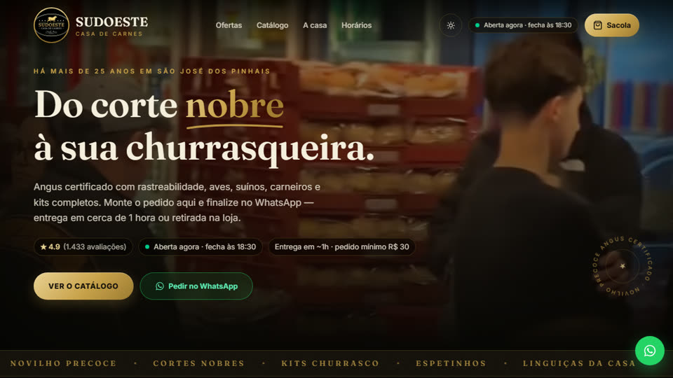 Tela inicial do site da Casa de Carnes Sudoeste